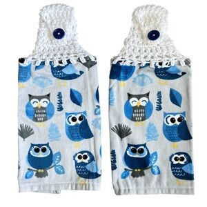 Hand Crafted Blue and White Owls Hanging Kitchen Hand Towels Crochet Top